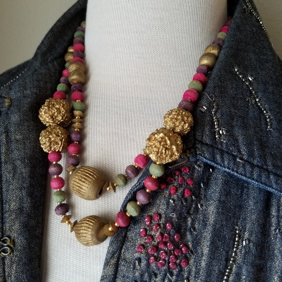 Chico's Metallic Denim Beaded Jacket & Necklace - Picture 6 of 8